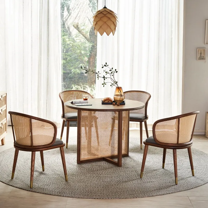 

Furniture Nordic Dining Stool Rattan Weave Armchair Solid Wood Backrest Office Seats Living room Teahouse Chair Soft Cane Chairs
