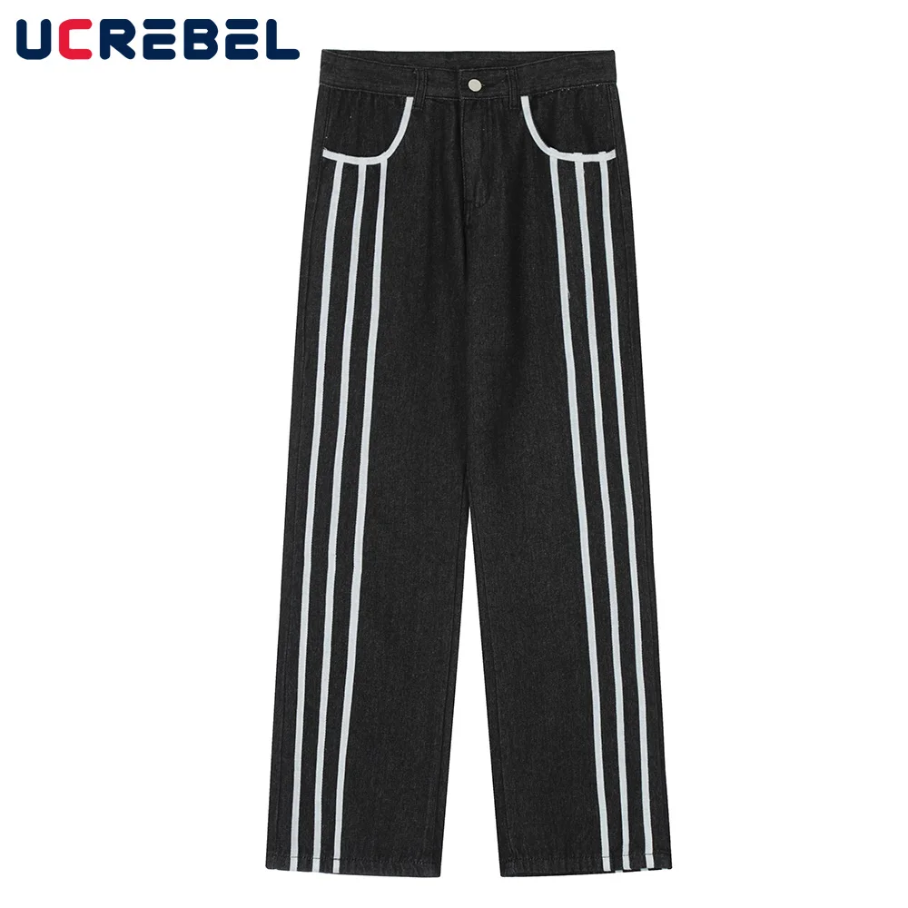 

Striped Denim Pants Mens Streetwear Baggy Jeans High Street Straight-leg Pants Casual Trousers Men