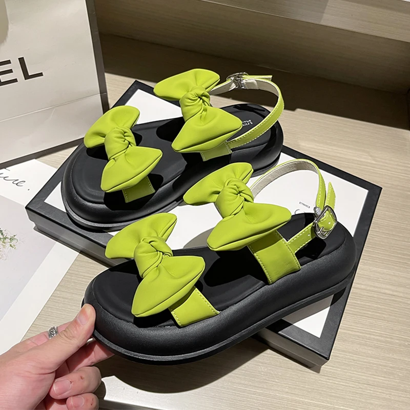 

Women Sandals Flats Platform Shoes Bow New Trend Fashion 2023 Summer Slides Open Toe Casual Walking Slippers Dress Ladies Shoes