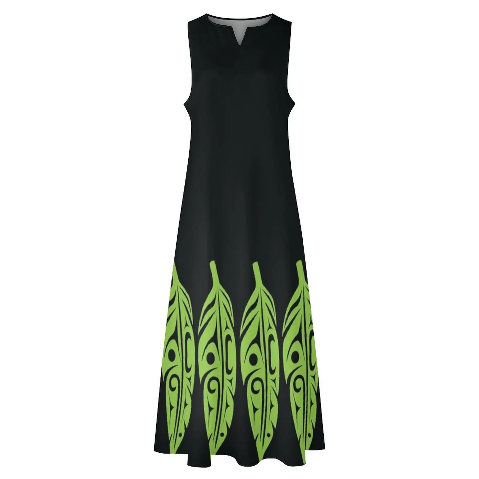 Перья - лаймово-зеленое на черном длинном платье Платье с длинным рукавом