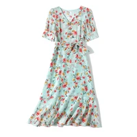 100 silk dresses women elegant high quality floral printed v neck short sleeve pullover dress summer