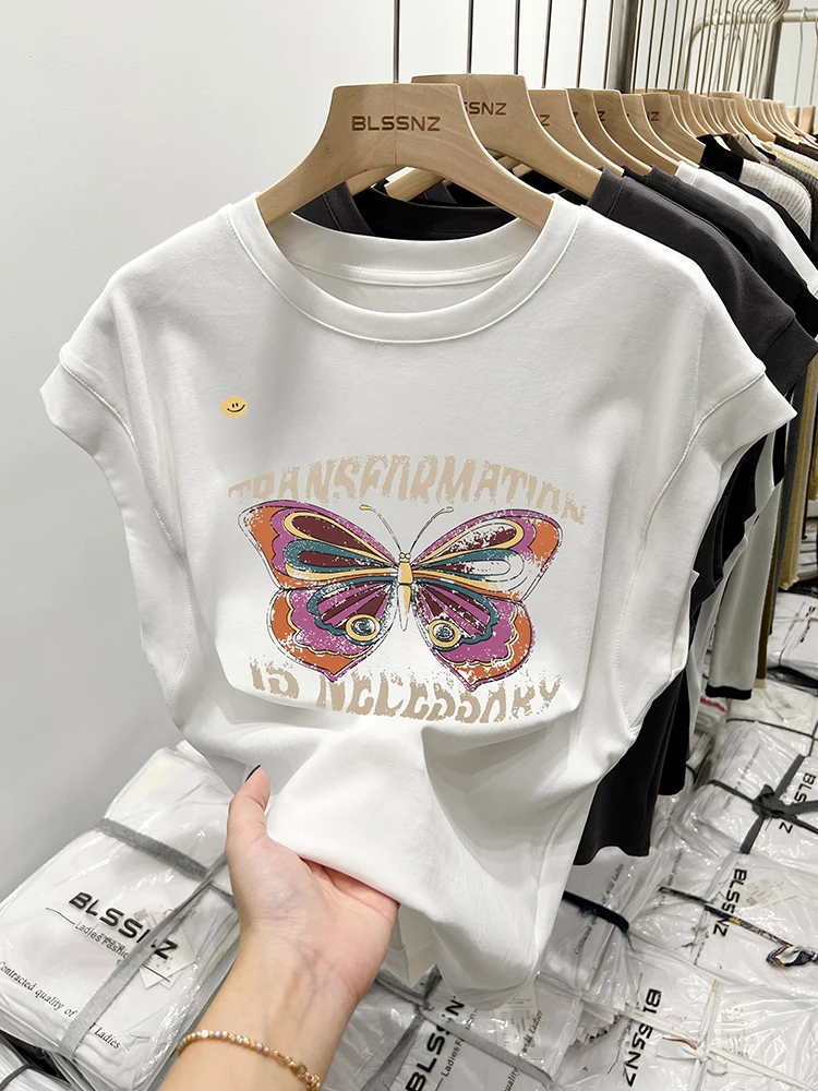 American vintage Shoulder Sleeveless T-shirt Women's Short Sleeve Summer Design Sense Waistcoat Small Flng...