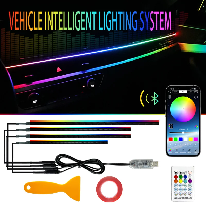 Фото Универсальные светодиодные RGB-ленты 12В для интерьера автомобиля, атмосферная подсветка, управление через USB и приложение, акриловая лента №1