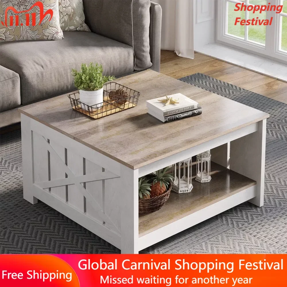 

Журнальный столик, квадратный журнальный столик, фермерский журнальный столик с полуоткрытым отсеком для хранения для гостиной, серый и белый