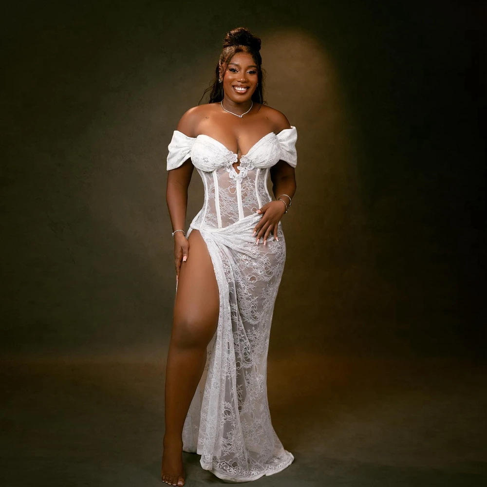 

Сексуальное кружевное вечернее платье с юбкой-годе, платье для выпускного вечера в африканском стиле с открытыми плечами, формальное платье с цветами и кристаллами