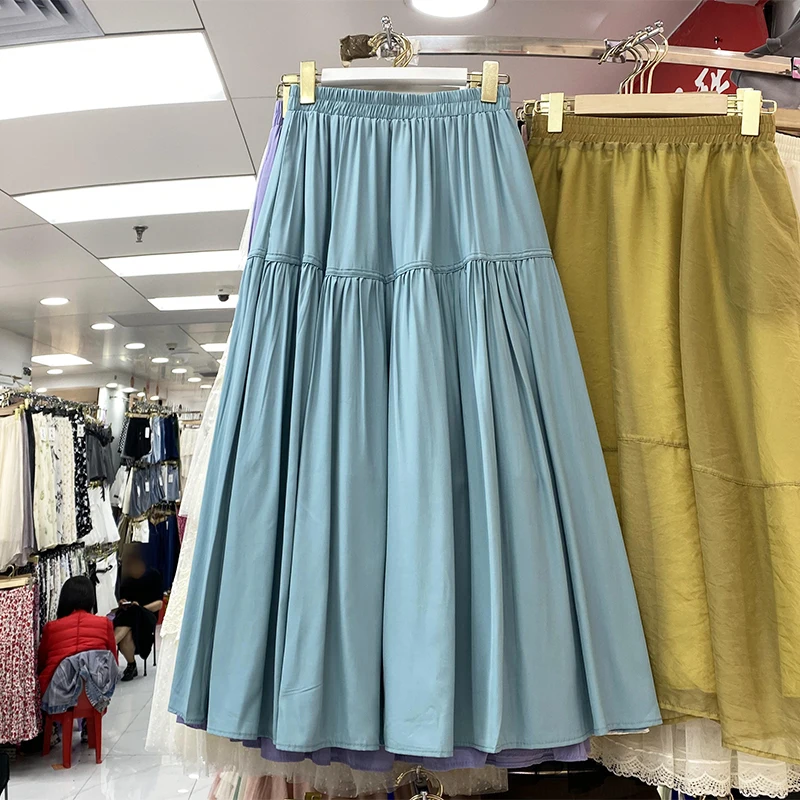 

Korean Fashion Solid Color A-line Skirt Woman Elastic High Waist Pleated Midi Skirts Female Casual Clothing Women Dropshipping