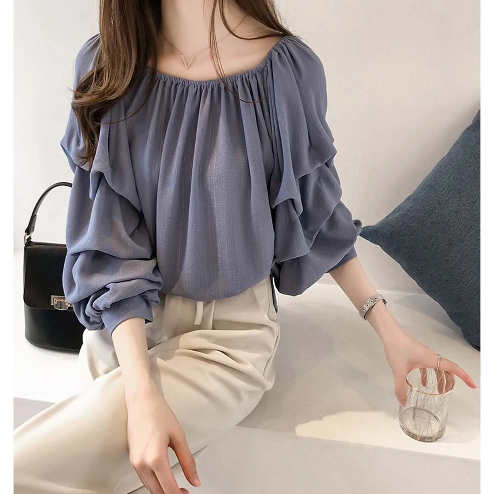 

Women's Blouse One-line Neck Strapless Chiffon Shirt Women's Loose Bubble Blouse Was Thin Solid Color Bottoming Shirt New Korea