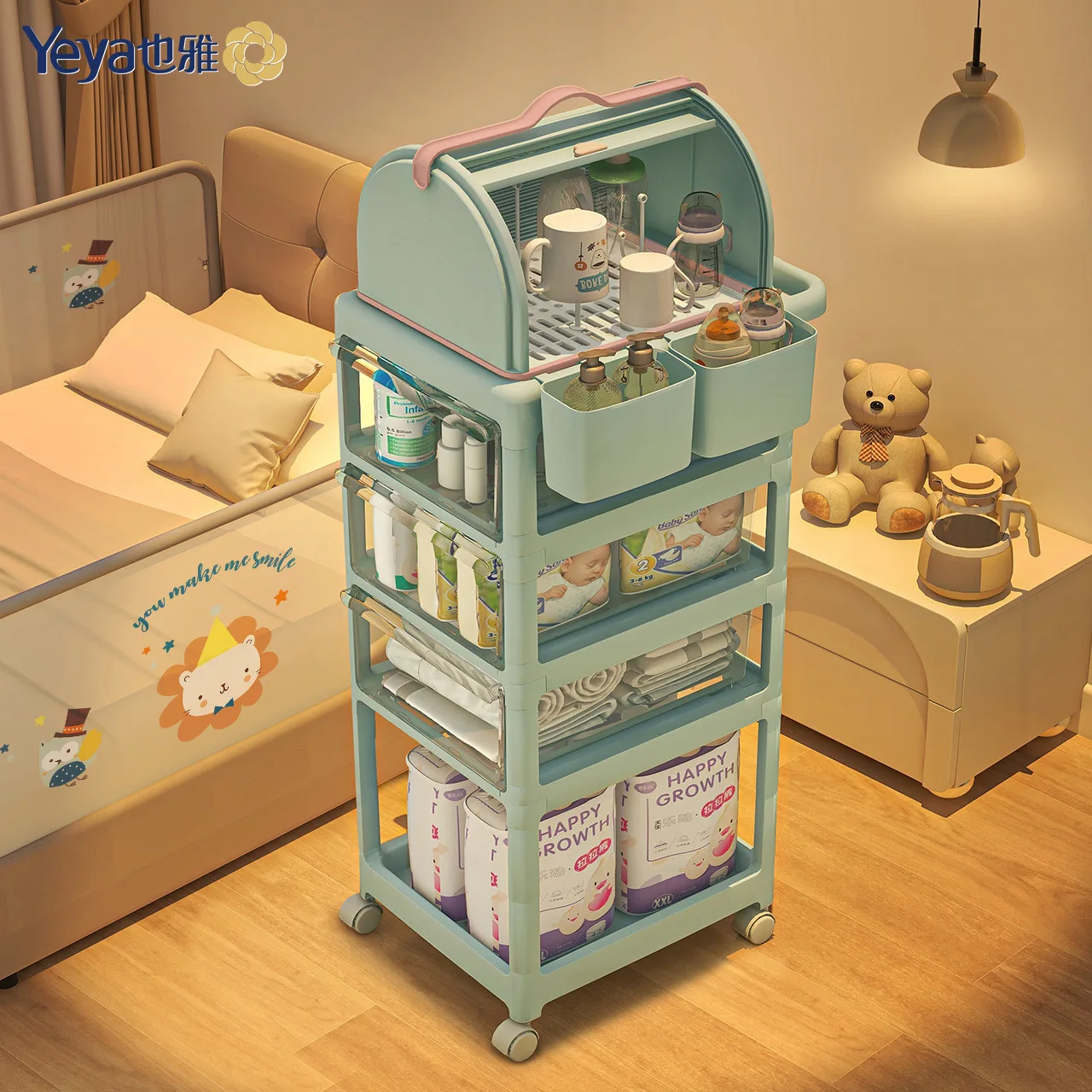 

Aoliviya Official New Trolley Rack Baby and Infant Supplies Multi-Layer Mobile Storage Rack Newborn Transparent Trolle