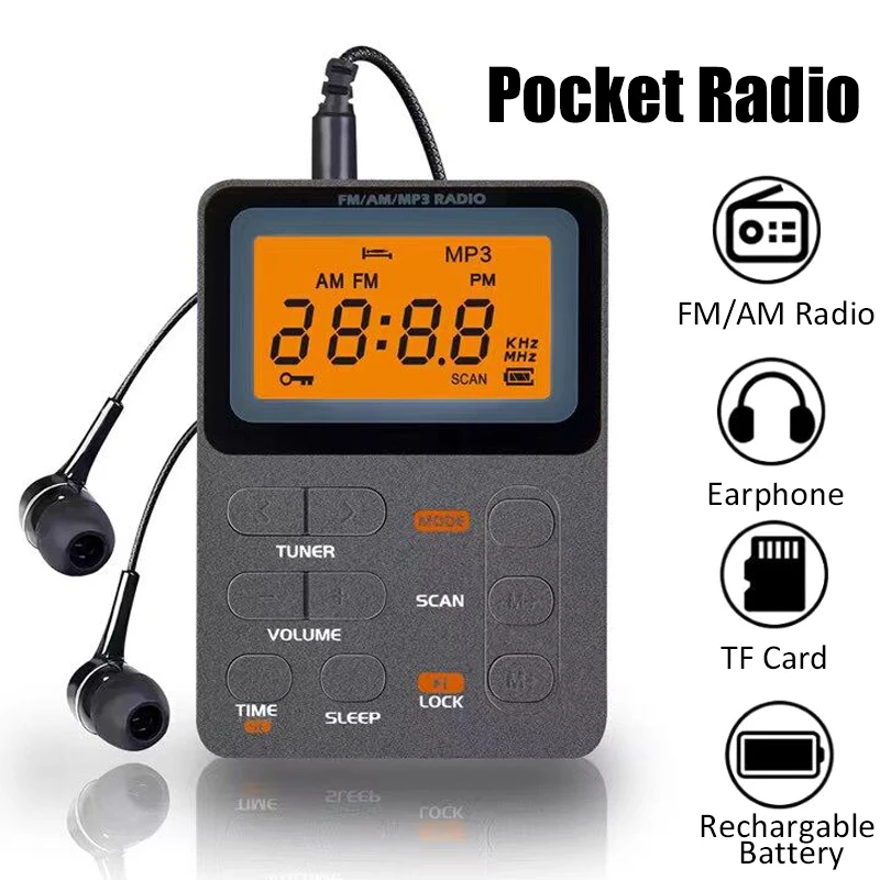 

Pocket AM/FM Radio Portable LCD Display Radio Receiver Mini MP3 Player with Earphone Universal Walkman Support TF Card Play