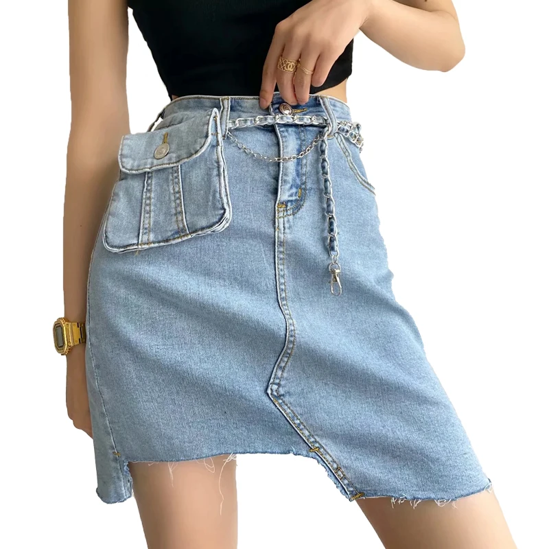 

Retro Irregular Raw Hem Skirt Fashion Blogger Street Shot Ins Dark High Belt Waist Bag Denim A Line Skirt Pure Color High Street