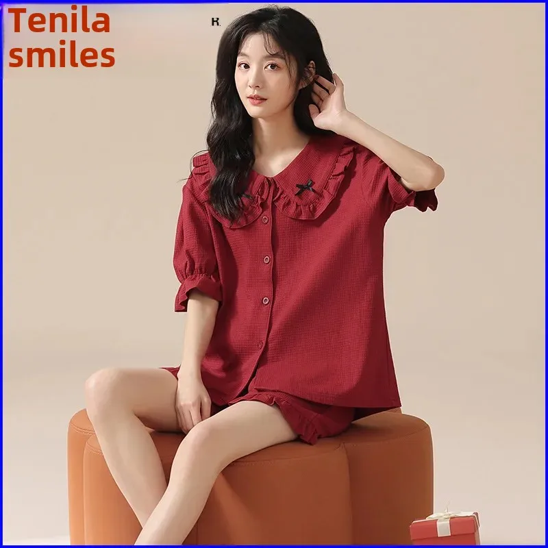 Tengfei женские летние хлопковые пижамы с широкими рукавами и клетчатым узором для