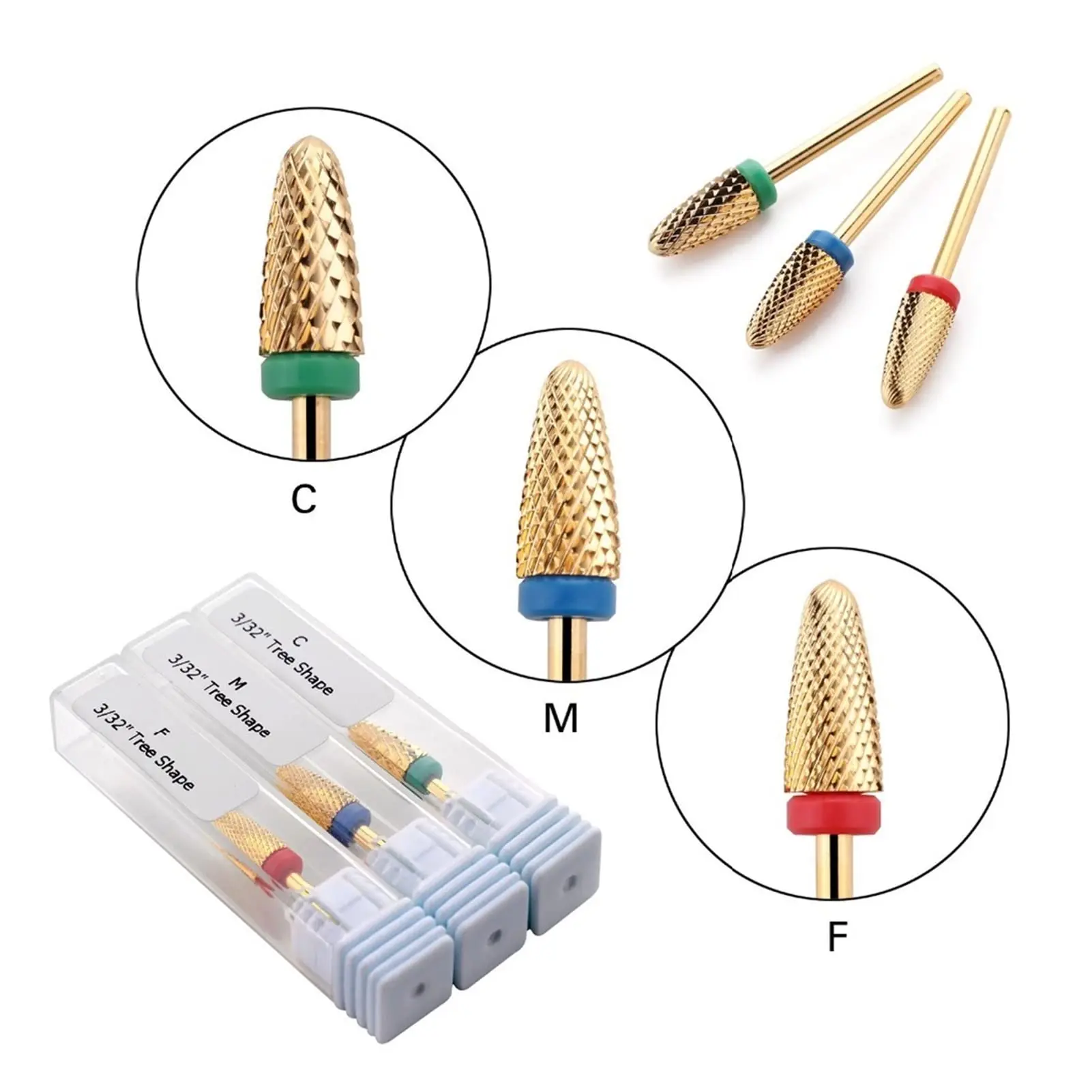 

Tungsten Nail Carbide Bits Golden Color Cone Bit for Acrylic Gel Flame Coarse Medium Fine for Electric Nail File Manicure Tools