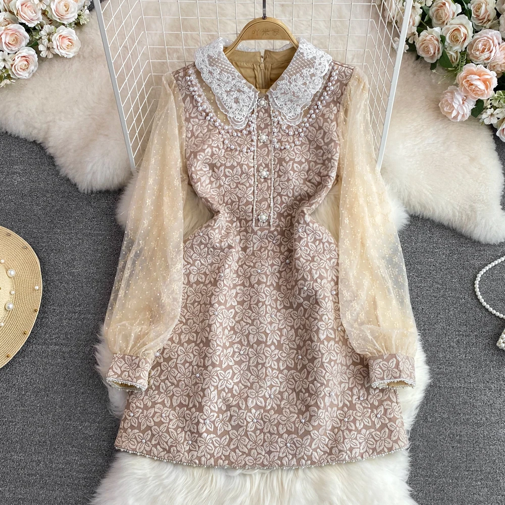 

Vintage Court Style Lapel Heavy Industry Nail Bead Mesh Patchwork Receiving Waist Slimming Jacquard Dress