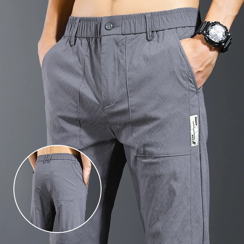Spring Summer Pants Mens Stretch Korean Business Casuall Slim Fit Elastic Waist Business Classic Trousers Male Black Gray 28-38