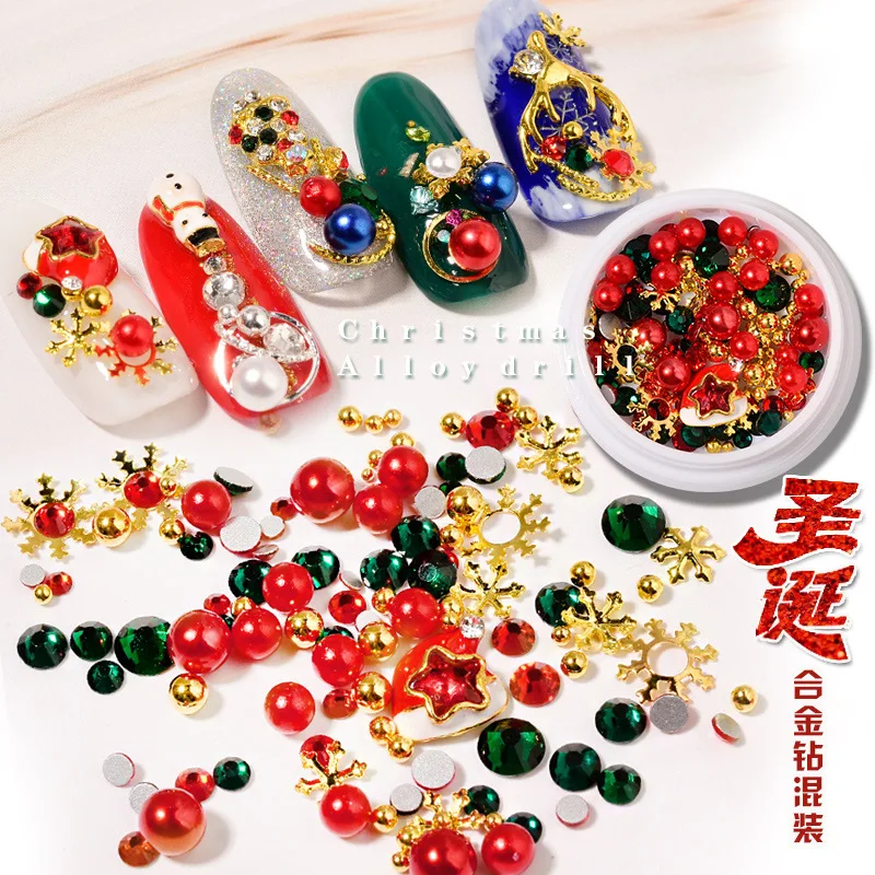 

1 Box Mixed Style 3D Christmas Nail Art Decoration Supplies Materials Manicure Decor Accessories Pearls Rhinestones Rivet Charms