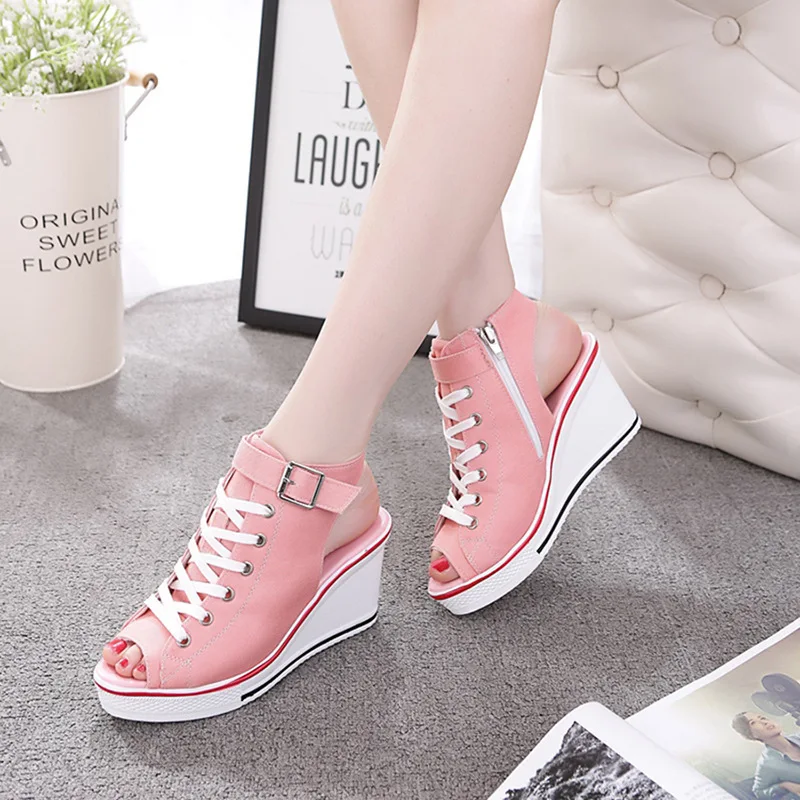 

Summer New High-Top Canvas Shoes Women Open Toe Casual Sandals Wedge Fish Mouth Shoes Ladies Platform Heels Hollow Pumps