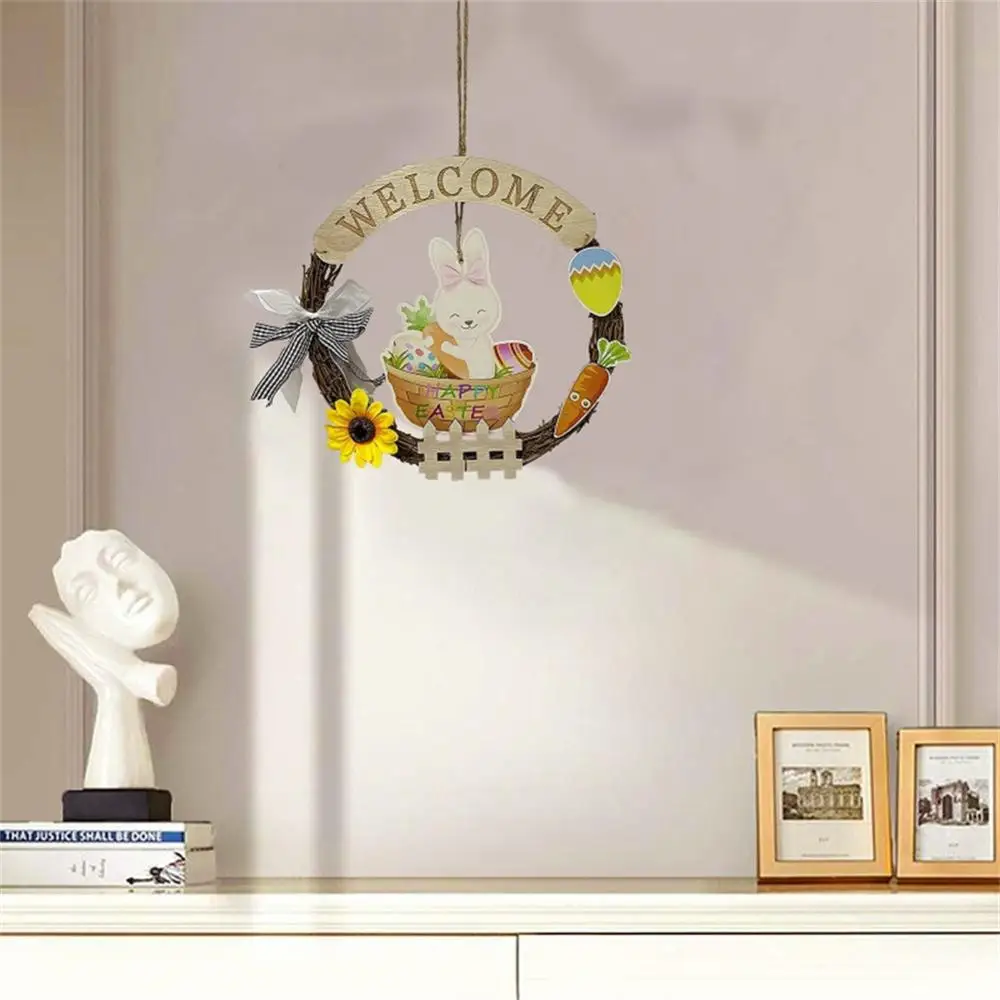 

Rattan Circle Rabbit Wreath Cute Beautiful Front Door Wreath Easter Home Decoration Door Hanging Welcome Wooden Sign