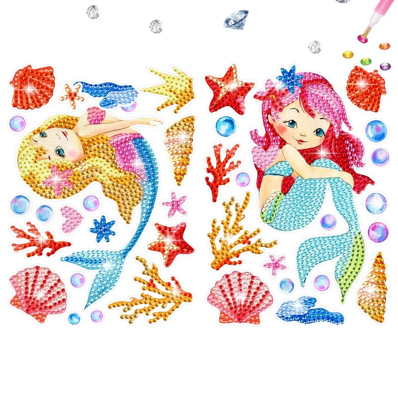 

DIY diamond painting with random wall stickers, handmade cartoon mermaid crystal diamond children's day decoration