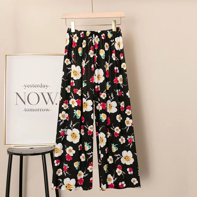 

Floral Print New Pajamas Pants Women Cotton Satin Thin Soft Home Pants Summer Leisure Sleep Bottoms Female Loose Home Trousers