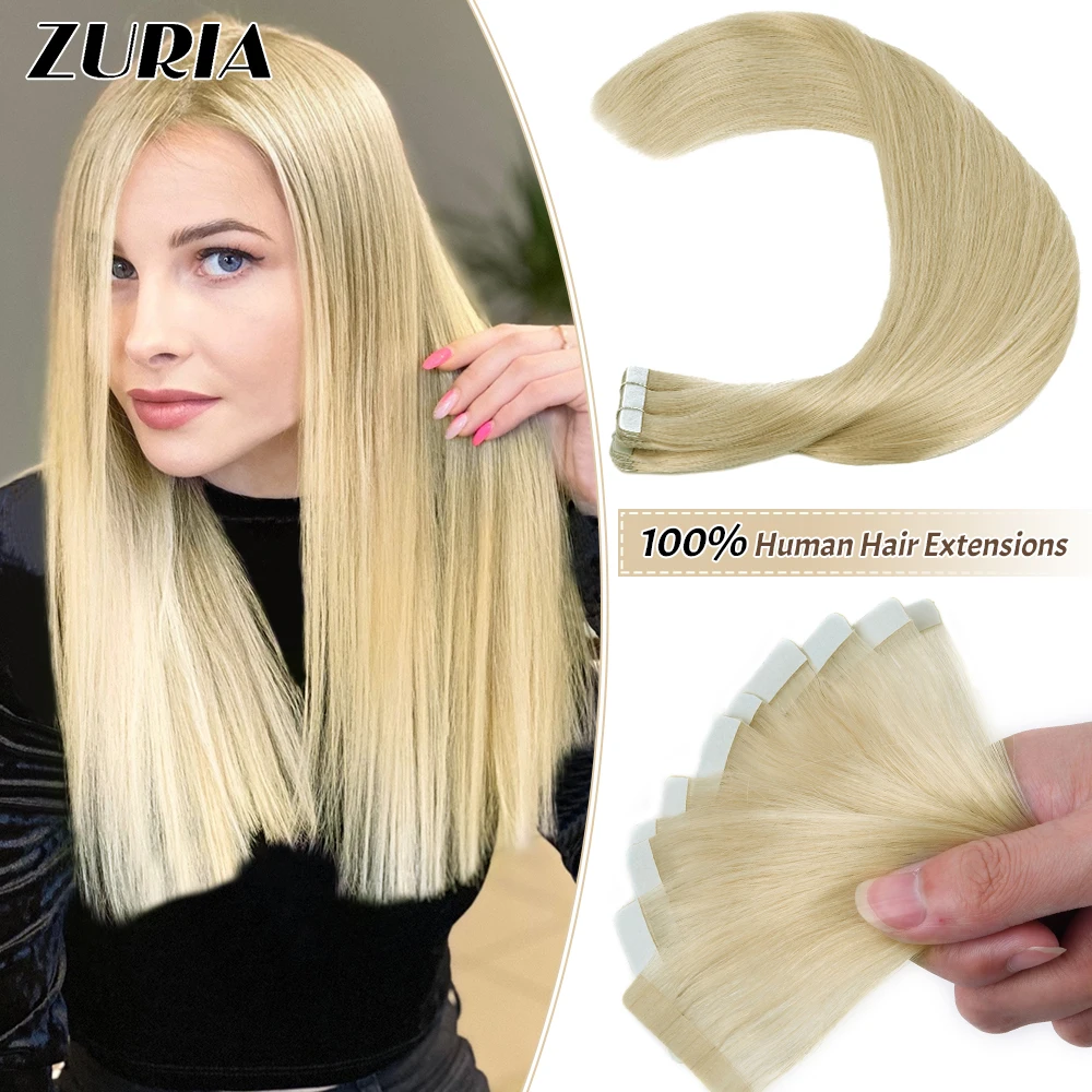 

ZURIA 16'' 10PCS Flat Head Tape in Human 100% Natural Remy Balayage Hairpiece Extensions Silky Weft Adhesive For Salon Women