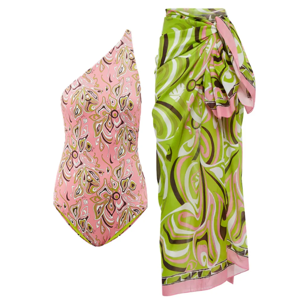 

Асимметричный слитный купальник с принтом розового и зеленого цветов и косым плечом, новая модель 2023 года для женщин