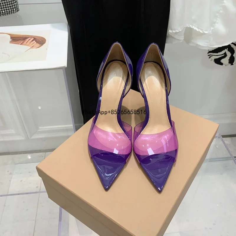 

Новые женские туфли с открытым носком, прозрачные туфли из натуральной ПВХ и кожи с острым носком, женские туфли-лодочки, женские модные сек...