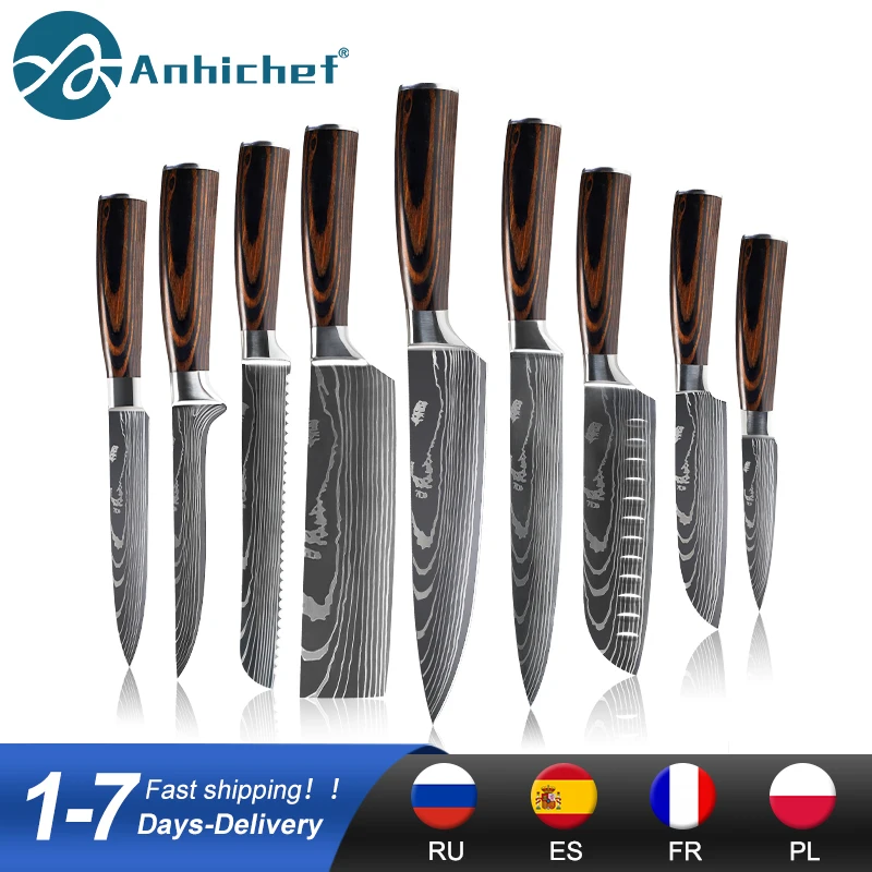 Kitchen Knives 7CR17 440C Stainless Steel Knife Laser Damascus Pattern Japanese Santoku Cleaver Slicing Utility Chef Knife