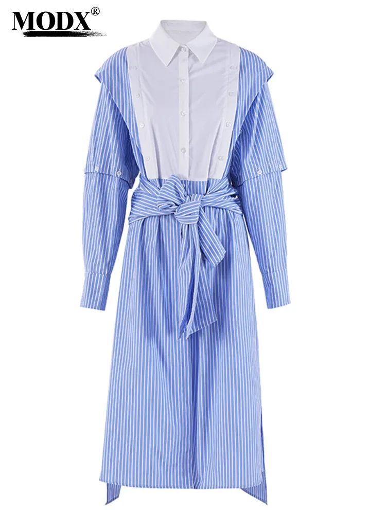 [MODX] Niebieska bandażowa sukienka koszulowa z blokami kolorów Damska nowa okrągła szyja długim rękawem Luźny krój Moda Przypływ Wiosna