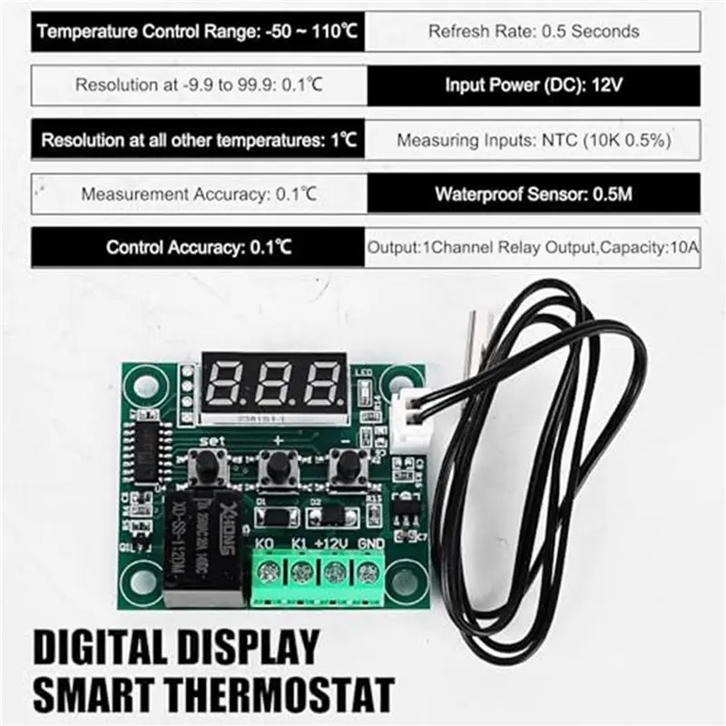 Фото Цифровой терморегулятор 12X W1209 DC 12 В с LED-дисплеем, -50-110°C ° Плата управления температурой с датчиком-зондом-ABQU №2