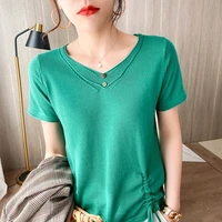 womens new pullover v neck cotton short sleeved summer thin loose cotton linen sweater solid color all match fashion halfsleeve