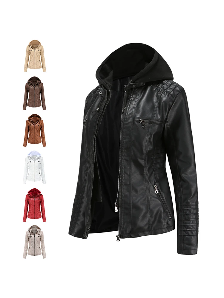 

6699 Spring Fashion Leather Jacket For Women Pu Two-Piece Detachable Hooded Popular Multiple Pockets Biker Female Coats Clothing
