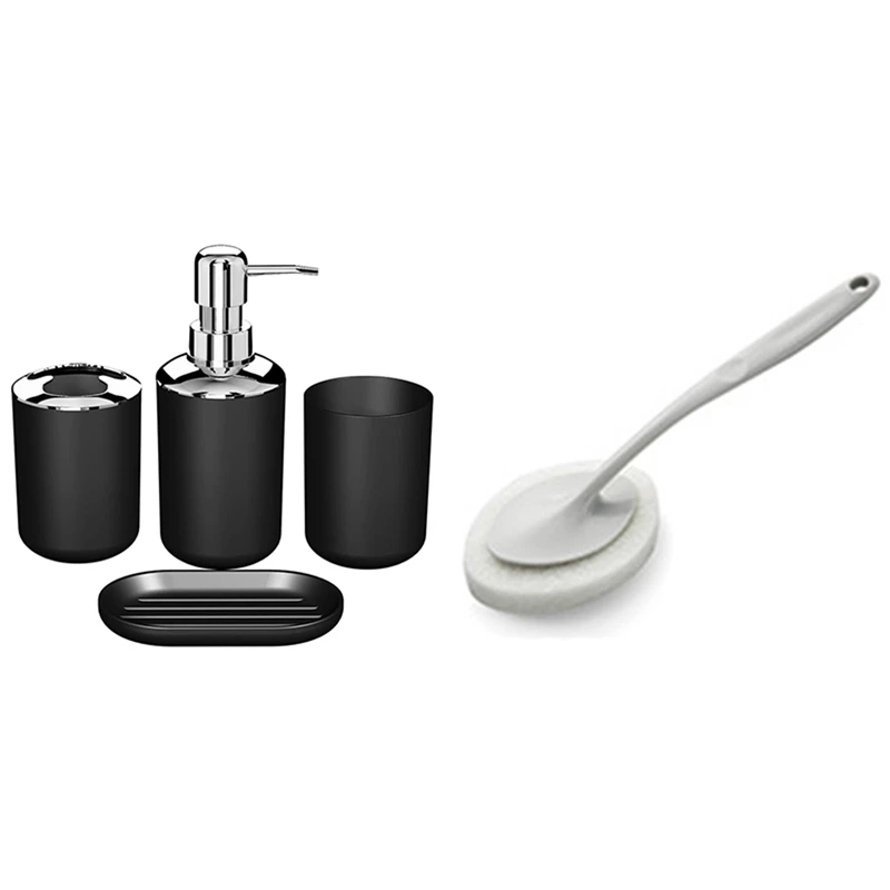 

4 Pcs Plastic Bathroom Accessory Set & 1 Pcs Long Handle Brush Eraser Magic Sponge