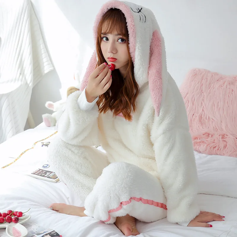 Winter Warm Thick Pajamas Set Women's Sleepwear Nightwear Hooded Pants Flannel Women Long Sleeve Pyjamas Homewear Drop Shipping