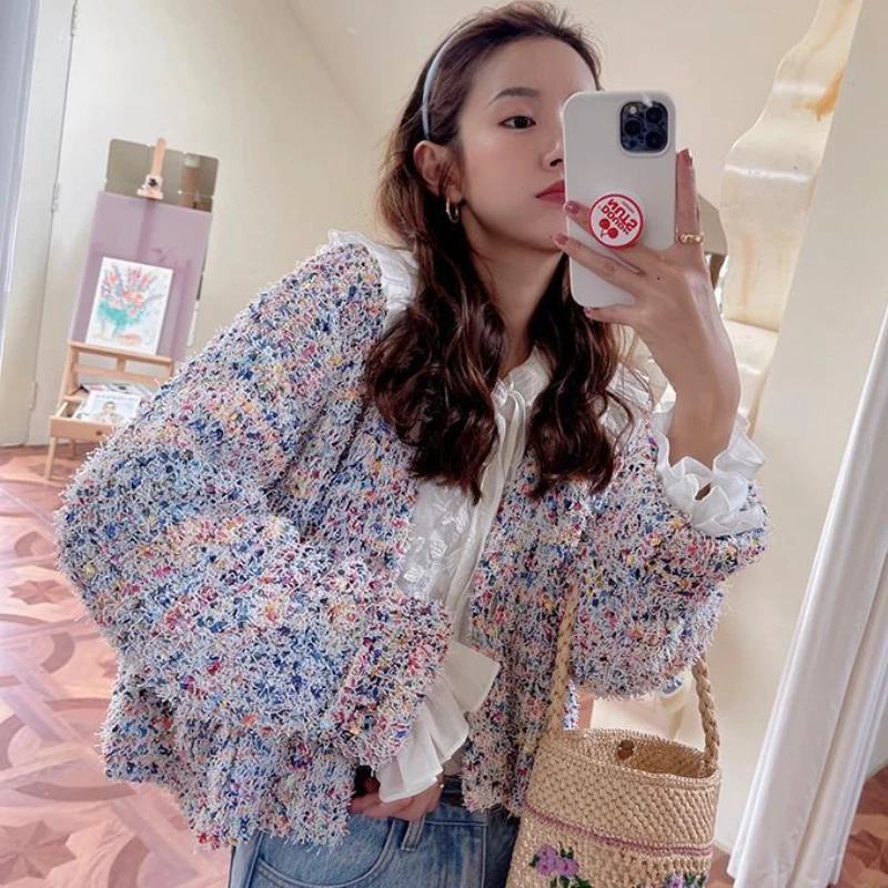 

Шикарный свитер радужного цвета с V-образным вырезом, короткая осенняя куртка, свободный цветной вязаный кашемировый кардиган, вязаный укор...