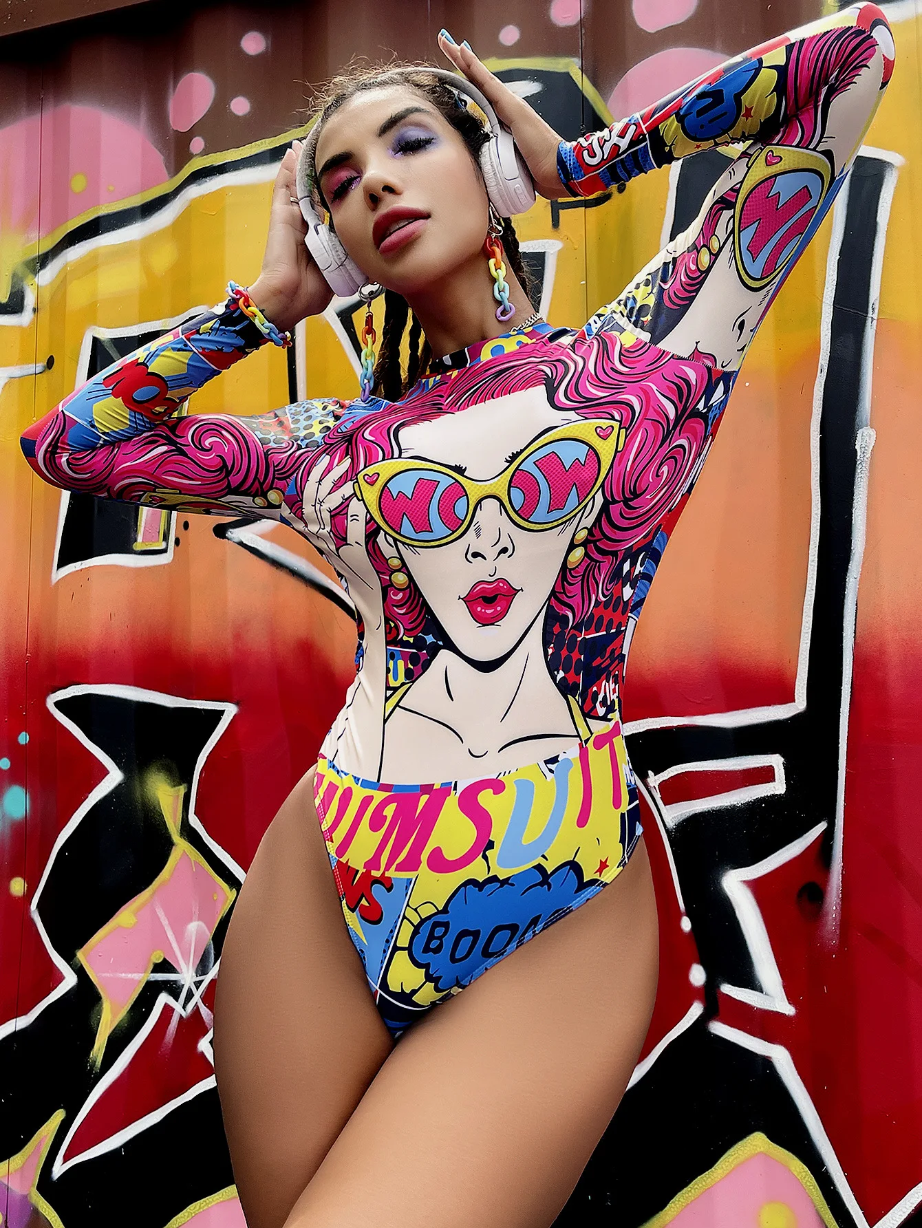 Женский слитный купальник бикини с абстрактным принтом и длинным рукавом 2022 |