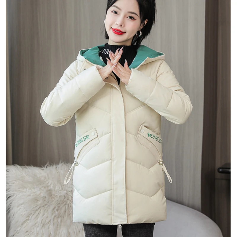 2022 Winter Jacket Women Medium and Long Womens Thicken Outerwear Solid Hooded Coats Zipper Female Slim Cotton Padded Basic Tops
