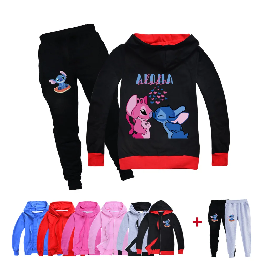 

Fashion Disney Stitch Clothing Set Hoodies Tops+Pants Children Clothes Sets Cartoon Girls Outfits Teenagers Boys Sports Suit