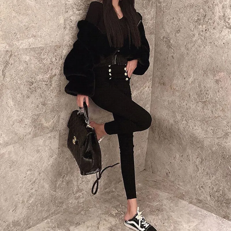 Mall Goth Black Fur Coat Overcoat Harajuku Streetwear Zip Up High Waist Women Coats Punk Chic High Streetwear Long Sleeve Tops