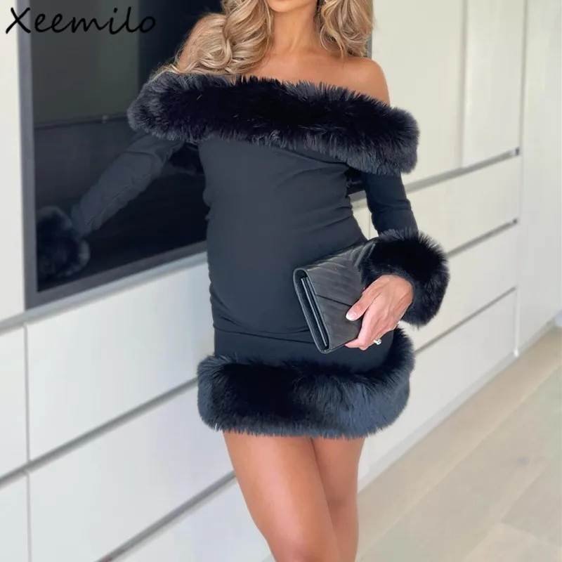 

Xeemilo Sexy Fluffy Patchwork Slash-neck Dress Elegant Long Sleeve Off Shoulder Skinny Mini Dresses Autumn Party Evening Dress