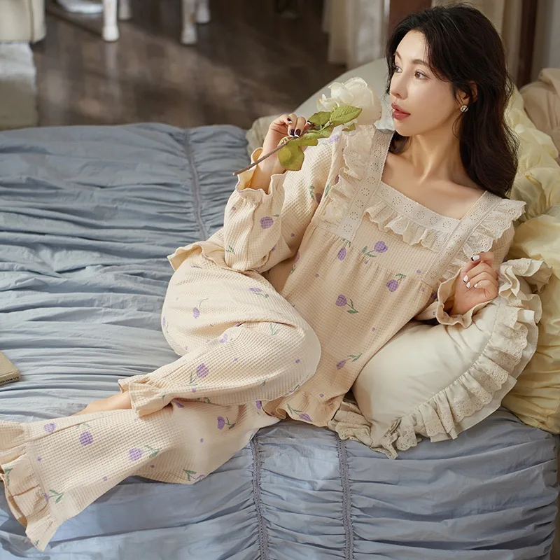 Women's Pajamas Spring, Autumn and Winter Long-sleeved Suit Court Style Retro Princess Style Waffle Ladies Home Service