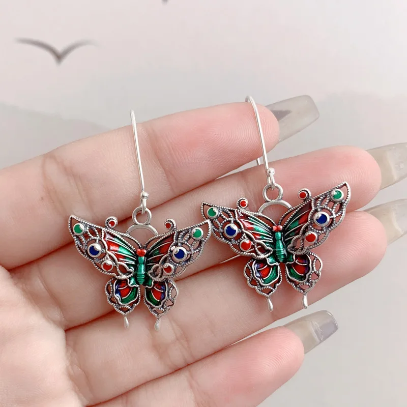 

925 Sterling Silver Hollow Double Layer 3D Butterfly Earrings for Women Girls Ethnic Retro Enamel Insect Hanging Earrings Hook