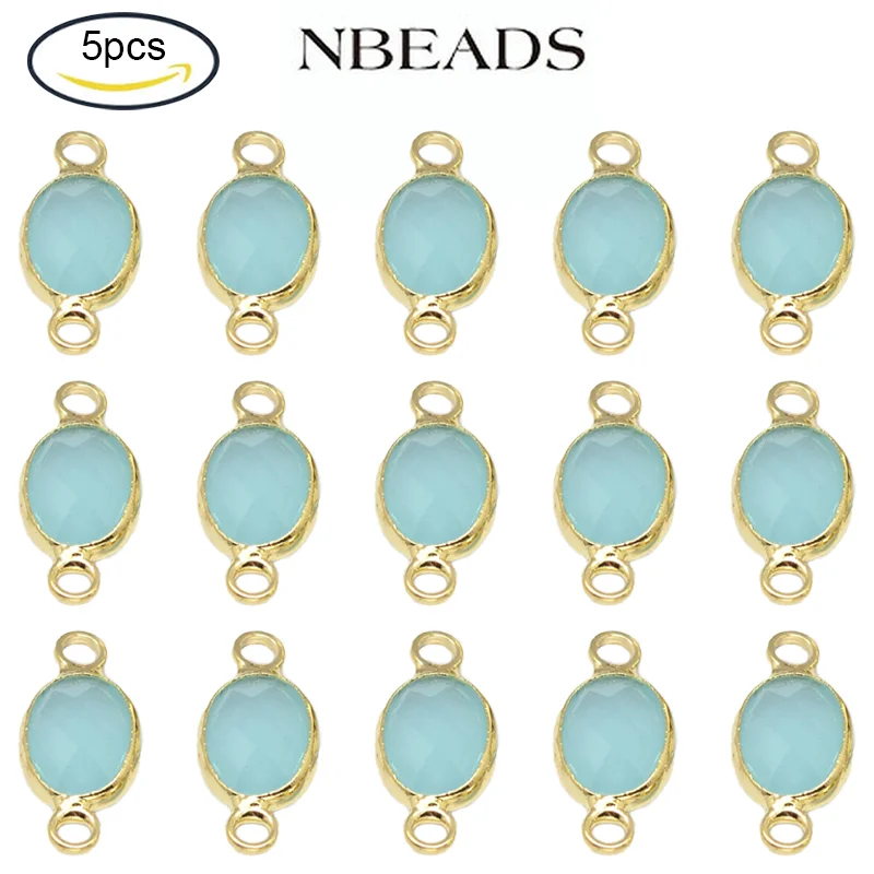 

5PC Oval Faceted Golden Brass Glass Links Connectors Pale Turquoise 15x7x3.2mm Hole: 1mm for Bracelet Jewelry Making Supplies