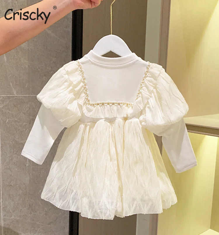 

Criscky Korean Style New Summer Dress for Baby Girl Square Collar Sleeveless Beige Elegant A-line Princess Dress