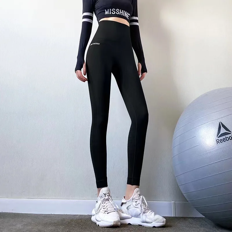 High Waist Breathable Yoga Pants Women Seamless Push Up Sports Leggings Girls Solid Color Letter Fitness Elastic Tights