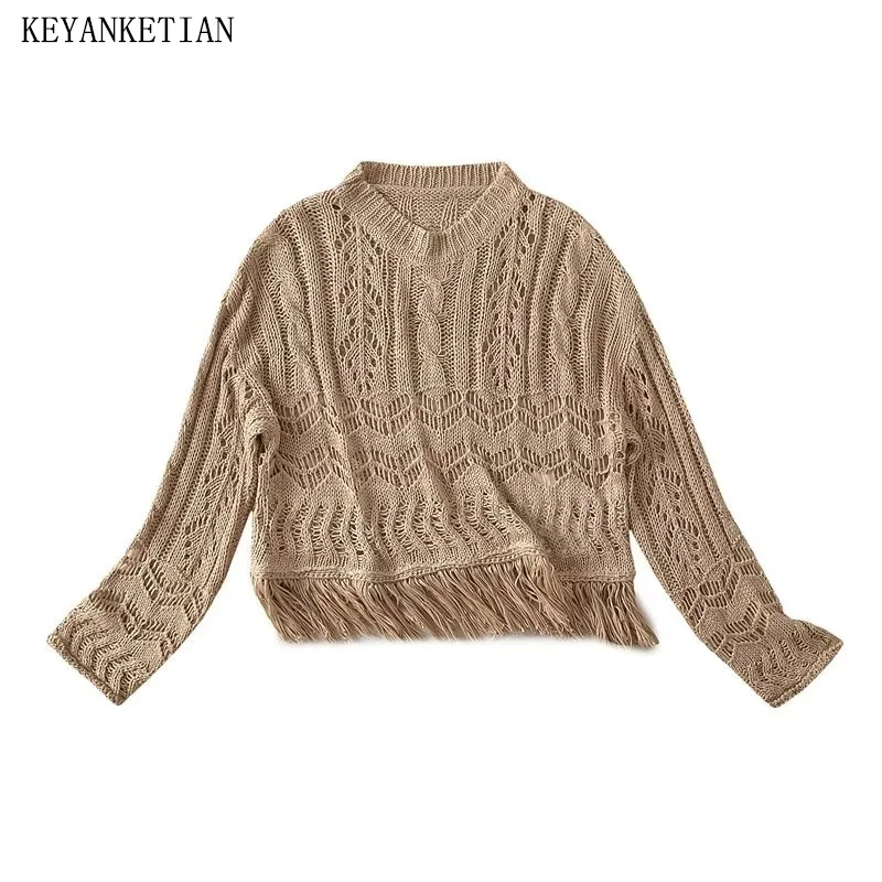 

Осенний новый яркий вязаный пуловер KEYANKETIAN с вырезами, женский свитер в стиле бохо, короткий свитер с длинным рукавом