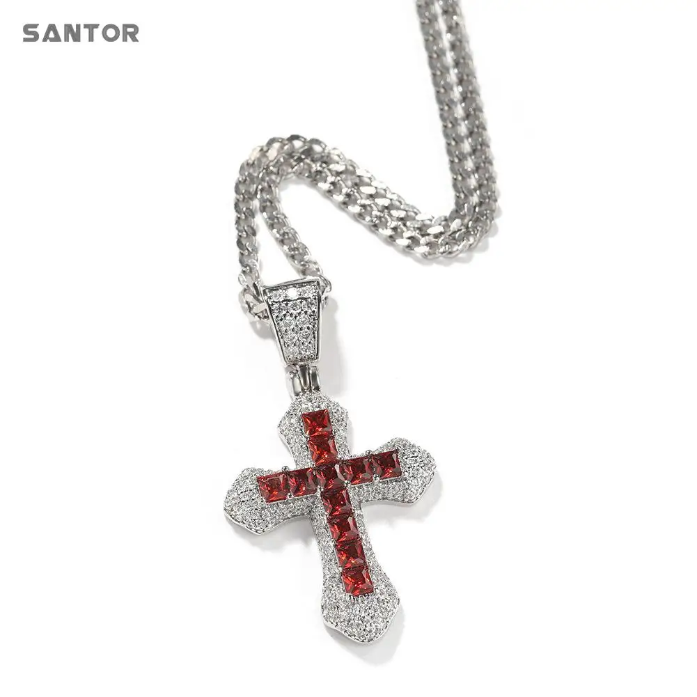 

SANTOR New Red Zircon Cross Necklace Hip Hop Jewelry Fashion Diamond Inlaid Versatile Cross For Men or Women 2022