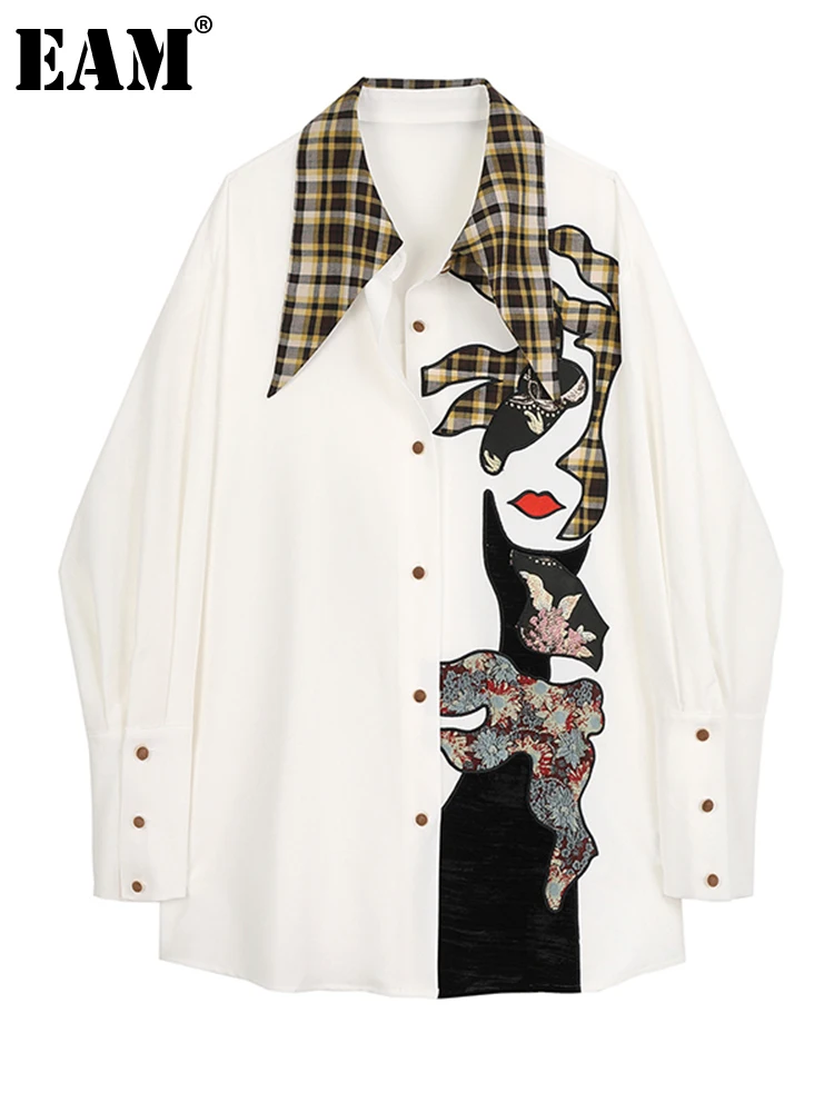 

[EAM] Women Beige Patter Printed Big Size Blouse New Lapel Long Sleeve Loose Fit Shirt Fashion Tide Spring Autumn 2022 1DB117