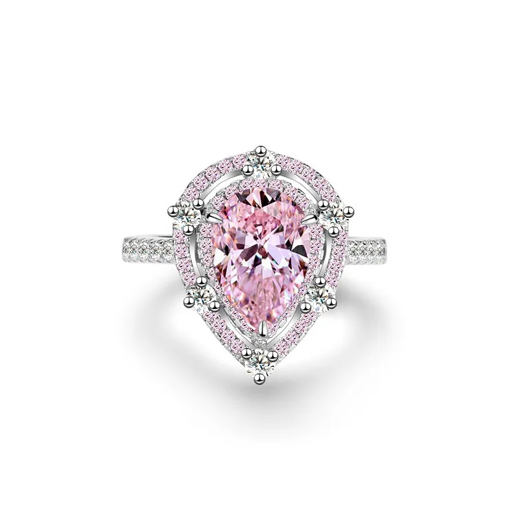 

2023 Hot Selling S925 Sterling Silver Ring Female Pink Gem Water Drop Full Diamond Crystal Zircon Full Diamond Ring