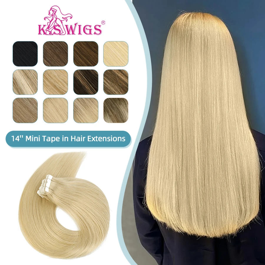 

K.S WIGS 14'' Mini Tape In Human Hair Extensions Adhesive Non-Remy Natural Human Hair Black Blonde Straight Invisible Skin Weft