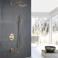 bathroom shower set brushed gold round rainfall shower faucet wall or ceiling wall mounted shower mixer 10 shower head